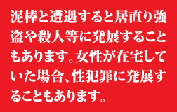 泥棒と遭遇すると居直り強盗や殺人等に発展することもあります。女性が在宅していた場合、性犯罪に発展することもあります。